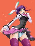  aquarion_(series) aquarion_evol green_eyes hair_bun hair_ornament md5_mismatch mikono_suzushiro panties pora purple_hair skirt skirt_lift solo striped striped_panties thighhighs underwear 