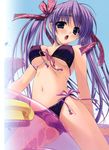  :o absurdres bikini black_bikini breasts covered_nipples crotch_rub fat_mons front-tie_top highres inflatable_dolphin inflatable_toy innertube large_breasts long_hair masturbation navel open_mouth original purple_eyes purple_hair shintarou side-tie_bikini solo swimsuit transparent twintails underboob 
