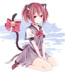  animal_ears bell bow cat_ears cat_tail choker hair_ribbon kouko mew_ichigo momomiya_ichigo pink_eyes pink_hair red_choker ribbon school_uniform sitting skirt solo tail tail_bell tail_bow tokyo_mew_mew v_arms wariza 