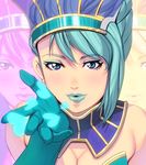  aqua_hair bad_id bad_pixiv_id bare_shoulders blue_eyes blue_rose_(tiger_&amp;_bunny) breasts cleavage earrings face gloves hat heart jewelry karina_lyle kiss lips lipstick looking_at_viewer makeup masao medium_breasts pointing solo superhero tiger_&amp;_bunny upper_body zoom_layer 