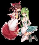  antediluvian ascot back bad_id bad_pixiv_id blush bow breasts brown_eyes brown_hair detached_sleeves frog frog_hair_ornament gohei green_hair hair_bow hair_ornament hair_tubes hakurei_reimu highres kochiya_sanae long_hair medium_breasts multiple_girls ofuda short_hair skirt smile snake thighhighs touhou white_legwear 