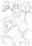 bike_shorts blush closed_eyes drooling futaba_anzu greyscale hand_on_own_stomach idolmaster idolmaster_cinderella_girls kanya_pyi lineart lying monochrome open_mouth p-head_producer pillow producer_(idolmaster) scratching shirt t-shirt translation_request twintails wavy_mouth 