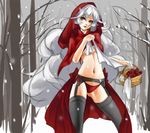  basket black_legwear blue_eyes breasts camille_myriad_zentreza capelet colorized cosplay eu03 flower forest garter_belt highres hood lips little_red_riding_hood little_red_riding_hood_(grimm) little_red_riding_hood_(grimm)_(cosplay) long_hair medium_breasts midriff nature navel original panties red_panties rose side-tie_panties skirt snow solo thighhighs underboob underwear white_hair winter 