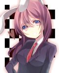  :d animal_ears bad_id bad_pixiv_id blue_eyes brown_hair bunny_ears checkered checkered_background mihatarou necktie open_mouth red_neckwear reisen_udongein_inaba smile solo touhou 
