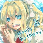  :d air bad_id bad_pixiv_id blonde_hair blue_eyes bow cross cross_necklace hair_bow happy_birthday jewelry kamio_misuzu kinomukumama long_hair necklace open_mouth ponytail smile solo 