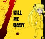  blonde_hair blood blood_splatter copyright_name drawfag english kill_bill kill_me_baby non-web_source parody solo sonya_(kill_me_baby) sword twintails weapon yellow 
