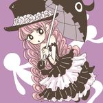  1girl bat_(symbol) black_dress boots chibi curly_hair dress female flower flying ghost gothic_lolita hat lolita_fashion long_hair noo-chan one_piece perona pink_hair rose sabaody_archipelago solo tattoo umbrella watch 