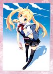  absurdres bag black_legwear blonde_hair blue_eyes blush cellphone cellphone_charm cellphone_strap food food_in_mouth foreshortening grisaia_(series) grisaia_no_kajitsu highres loafers long_hair matsushima_michiru mouth_hold phone school_uniform scrunchie shoes shoulder_bag solo thighhighs toast toast_in_mouth twintails watanabe_akio windowboxed zettai_ryouiki 