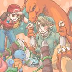  2boys baseball_cap blonde_hair blue_eyes boots charizard crossover earrings green_shirt hat ivysaur jewelry legs_held_open link lowres male male_focus multiple_boys oekaki pointy_ears pokemon red shirt squirtle tentacle tentacles_on_male the_legend_of_zelda water wrist_grab yaoi 