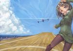  aircraft airplane black_legwear brown_hair cloud day flight_deck goggles goggles_on_head green_shirt headphones open_mouth original pantyhose red_eyes ribbed_sweater shirt sky solo suzuno_(bookshelf) sweater 