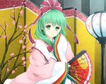  arm_up cherry_blossoms fan floral_print folding_fan folding_screen front_ponytail green_eyes green_hair hair_ribbon hexagon highres japanese_clothes kagiyama_hina kimono lamp ribbon smile solo takoyaki_(takoyaki-batake) touhou twig 