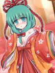  areola_slip areolae blush breasts front_ponytail green_eyes green_hair hair_ribbon hinamatsuri japanese_clothes kagiyama_hina kimono layered_clothing layered_kimono long_hair looking_at_viewer medium_breasts off_shoulder open_mouth ribbon ry solo touhou 