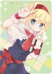  alice_margatroid blonde_hair blue_eyes book capelet dress hairband highres oinari_(tensaizoku) ribbon short_hair smile solo touhou v wrist_cuffs 