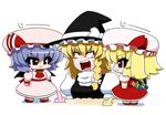  &gt;:) :3 ascot bat_wings blonde_hair blue_hair bow braid buried chibi commentary constricted_pupils flandre_scarlet hair_bow hat hat_bow kirisame_marisa multiple_girls open_mouth red_eyes remilia_scarlet sand screaming short_hair side_ponytail single_braid smile staring touhou trowel v-shaped_eyebrows white_bow wide-eyed wings witch_hat wrist_cuffs yamato_damashi 
