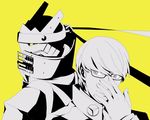  adjusting_eyewear back-to-back belt dual_persona glasses izanagi jacket monochrome multiple_boys narukami_yuu palargent persona persona_4 short_hair yellow 