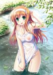  1girl :p bathing breasts cleavage green_eyes hair_ornament hairband hairclip haruki_urara leaf medium_breasts nipples no_bra no_panties official_art orange_hair river saeki_hokuto see-through tongue tongue_out water wet 