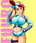  blue_eyes breasts fuuro_(pokemon) gloves gym_leader large_breasts nipples pokemon red_hair salute smile tof 