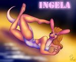  blonde_hair breasts cleavage clothed clothing colbertlafayette female hair ingela kangaroo lights mammal marsupial one-piece_swimsuit solo swimsuit 