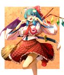  ;d ahoge annotated bat_wings blue_eyes bow broom capelet chimerism finger_to_mouth fusion geta green_hair hair_bow hair_tubes kochiya_sanae long_hair looking_at_viewer maid_headdress one_eye_closed open_mouth ryosios scabbard sheath skirt smile socks solo sword third_eye touhou v-shaped_eyebrows weapon wings 