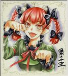  angel animal_ears bow braid cat_ears dress english extra_ears fangs fingernails green_dress hair_bow highres kaenbyou_rin long_fingernails looking_at_viewer open_mouth paw_pose pointy_ears red_eyes red_hair shikishi short_hair solo touhou traditional_media translation_request twin_braids uousa-ou upper_body 