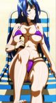  1girl bangle bare_legs bare_shoulders barefoot beach bikini blue_hair blush body_blush bra bracelet breasts chair crotch feet female fingernails hands highres hips holding jewelry knees large_breasts laying_down legs long_hair long_image looking_away lotion lounge_chair lying maken-ki! micro_bikini navel nijou_aki outdoors panties purple_bikini sand screencap shadow shiny shiny_skin skindentation smile solo stitched sunlight swimsuit tall_image thighs thong toes underwear wide_hips 