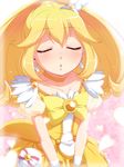  blonde_hair blush bow choker closed_eyes cure_peace earrings hair_flaps hair_ornament heart incoming_kiss jewelry kise_yayoi magical_girl natsumi_akira precure skirt smile_precure! solo wide_ponytail yellow yellow_bow yellow_choker yellow_skirt 
