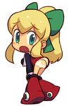  blonde_hair boots chibi green_eyes hair_ribbon ishikawa_hideki knee_boots long_hair panties ponytail red_skirt ribbon rockman rockman_(classic) roll skirt solo underwear 