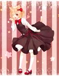  animal_ears arm_up bad_id bad_pixiv_id blonde_hair cat_ears cat_tail fang hair_ribbon heart highres kemonomimi_mode kneehighs mary_janes one_eye_closed open_mouth paw_pose red_eyes red_footwear ribbon rumia sash shirt shoes short_hair skirt skirt_set solo star striped striped_background tail thighhighs touhou vest white_legwear yutazou zettai_ryouiki 