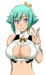  aquarion_(series) aquarion_evol breasts cleavage cleavage_cutout green_hair large_breasts midriff purple_eyes short_hair simple_background smile solo unagimaru white_background zessica_wong 