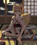  animal_ears bad_id bad_pixiv_id ball barefoot bell blonde_hair cloud feet fox_ears fox_tail full_moon green_eyes hair_bell hair_ornament highres kinomukumama male_focus moon original scroll smile solo tail 