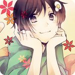  araragi_tsukihi black_eyes black_hair highres japanese_clothes kimono monogatari_(series) nisemonogatari sachikan short_hair smile solo 