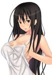  1girl :p black_hair breasts brown_eyes covering covering_breasts female long_hair looking_at_viewer muffin_(sirumeria) no_bra original see-through shirt simple_background sirumeria solo tongue tongue_out upper_body white_background 