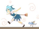  blue_eyes blue_hair bow broom cirno crossover fish hair_bow legs mitsuki_yuuya monster_hunter open_mouth outstretched_arms plesioth short_hair skirt smile solo touhou 