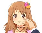  1girl :3 blush brown_hair dorei_k hair_ornament hand_on_another's_face idolmaster idolmaster_cinderella_girls jewelry moroboshi_kirari necklace parted_lips pov producer_(idolmaster) 