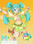  birthday blue_eyes boots bracelet candle chibi drawstring hair_rings hat hatsune_miku headphones jewelry jumping long_hair magyo one_eye_closed open_mouth party_hat single_thighhigh skirt solo spring_onion star striped striped_legwear thighhighs twintails vocaloid wand wings 