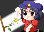  beret black_eyes blue_hair blush chibi expressive_clothes fang fighting hat jiangshi miyako_yoshika ofuda open_mouth outstretched_arms praying_mantis shimashima_nezumi shirt short_hair skirt solo touhou translated twig zombie_pose 