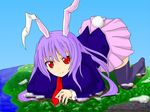  all_fours animal_ears bad_id bad_pixiv_id bunny_ears bunny_tail cloud dautsen giantess necktie purple_hair red_eyes reisen_udongein_inaba skirt solo tail touhou 