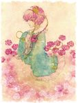  colored_eyelashes eyeball flower frilled_sleeves frills graphite_(medium) hairband hand_on_own_chest heart highres karnemelk komeiji_satori pink_background pink_hair profile rose short_hair sleeves_past_wrists solo touhou traditional_media watercolor_(medium) wide_sleeves 