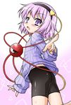  akou_roushi ass bike_shorts blush commentary eyeball hairband heart komeiji_satori looking_at_viewer open_mouth pink_hair pointing purple_eyes ribbed_sweater short_hair solo sweater third_eye touhou 