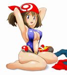  1girl ass bandanna barefoot belt bikini blue_eyes blush breasts brown_hair cleavage erect_nipples fingerless_gloves haruka_(pokemon) kasumi_(pokemon)_(cosplay) large_breasts navel open_mouth poke_ball pokemon pokemon_(anime) sitting sling_bikini smile solo swimsuit tof 