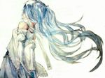  aqua_hair bad_id bad_pixiv_id bare_shoulders detached_sleeves floating_hair hatsune_miku inugami_shima long_hair paint_(medium) simple_background solo twintails very_long_hair vocaloid white_background 