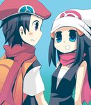  bare_shoulders blue_eyes blue_hair blush couple hat hikari_(pokemon) kouki_(pokemon) lowres pokemon scarf simple_background 