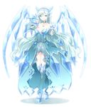  1girl armor blue_eyes breasts cleavage detached_sleeves dress earrings feet gradient_hair green_hair hattori_(junoct2000) hattori_masaki headdress high_heels highres ice jewelry large_breasts long_hair multicolored_hair nail_polish necklace original pointy_ears solo very_long_hair white_hair wings 
