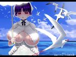  1girl areola_slip areolae bird breasts chichi_kurage_ss cloud female huge_breasts large_areolae no_bra ocean outdoors parasol purple_hair pzkatze red_eyes seagull short_hair sky solo standing swallow umbrella underboob 