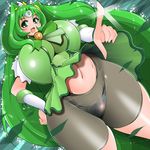  1girl amano_taiki breasts cure_march curvy detached_sleeves female green_eyes green_hair hair_ornament highleg highleg_panties highres hips huge_breasts long_hair midorikawa_nao mound_of_venus navel open_mouth panties precure pretty_cure see-through shi_osuta_ooyake shorts skirt skirt_flip smile_precure! solo standing thick_thighs thighs underwear wide_hips 