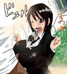  1girl black_eyes black_hair blush breasts cum cum_on_body cum_on_clothes cum_on_upper_body ejaculation hasuno_nene highres huge_breasts long_hair looking_down necktie open_mouth paizuri penis plant shiimira sweat swot uncensored wince wink 