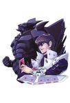  absurdres brown_hair card clenched_fist clenched_hand giant_god_soldier_of_obelisk highres horns kaiba_seto male male_focus monster seto_kaiba short_hair takahashi_kazuki yu-gi-oh! yuu-gi-ou_duel_monsters 