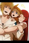  2boys blonde_hair blue_eyes child closed_eyes commentary_request couple facial_mark family father_and_son group_hug hetero hood hoodie hug husband_and_wife kirono long_hair mother_and_son multiple_boys namikaze_minato naruto_(series) naruto_shippuuden red_hair short_hair smile spiked_hair uzumaki_kushina uzumaki_naruto very_long_hair whisker_markings younger 