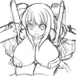  1girl armor bikini_armor breasts female huge_breasts long_hair monochrome simple_background sketch solo thighs tongue umigaras umigarasu_(magipro) white_background 