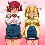  2girls aokeino blonde_hair blush breasts clothed crying drill_hair embarrassed hair_ribbon hand_holding headband heart hoshizora_miyuki kise_yayoi large_breasts long_hair multiple_girls navel necktie open_mouth pink_eyes pink_hair precure pregnant pussy_juice ribbon school_uniform simple_background skirt smile_precure! standing sweat tears v yellow_eyes 